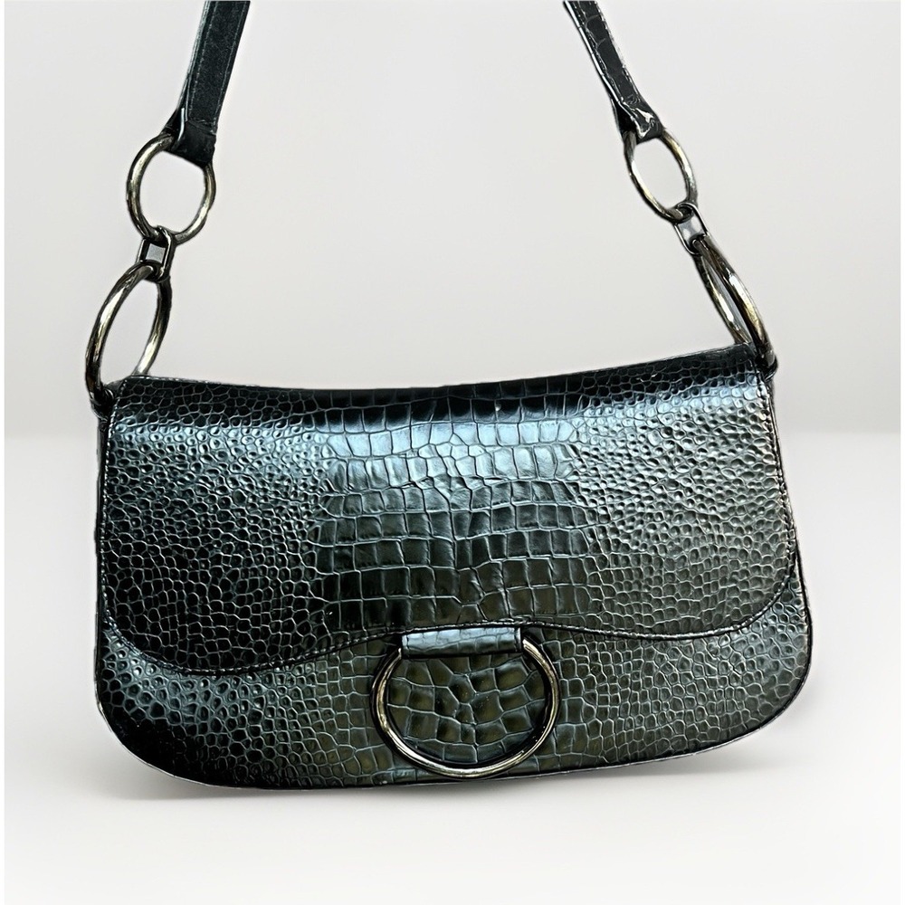 Stuart Weitzman Alligator Embossed Leather‎ Frame  Handbag Black Silver 90s Y2k